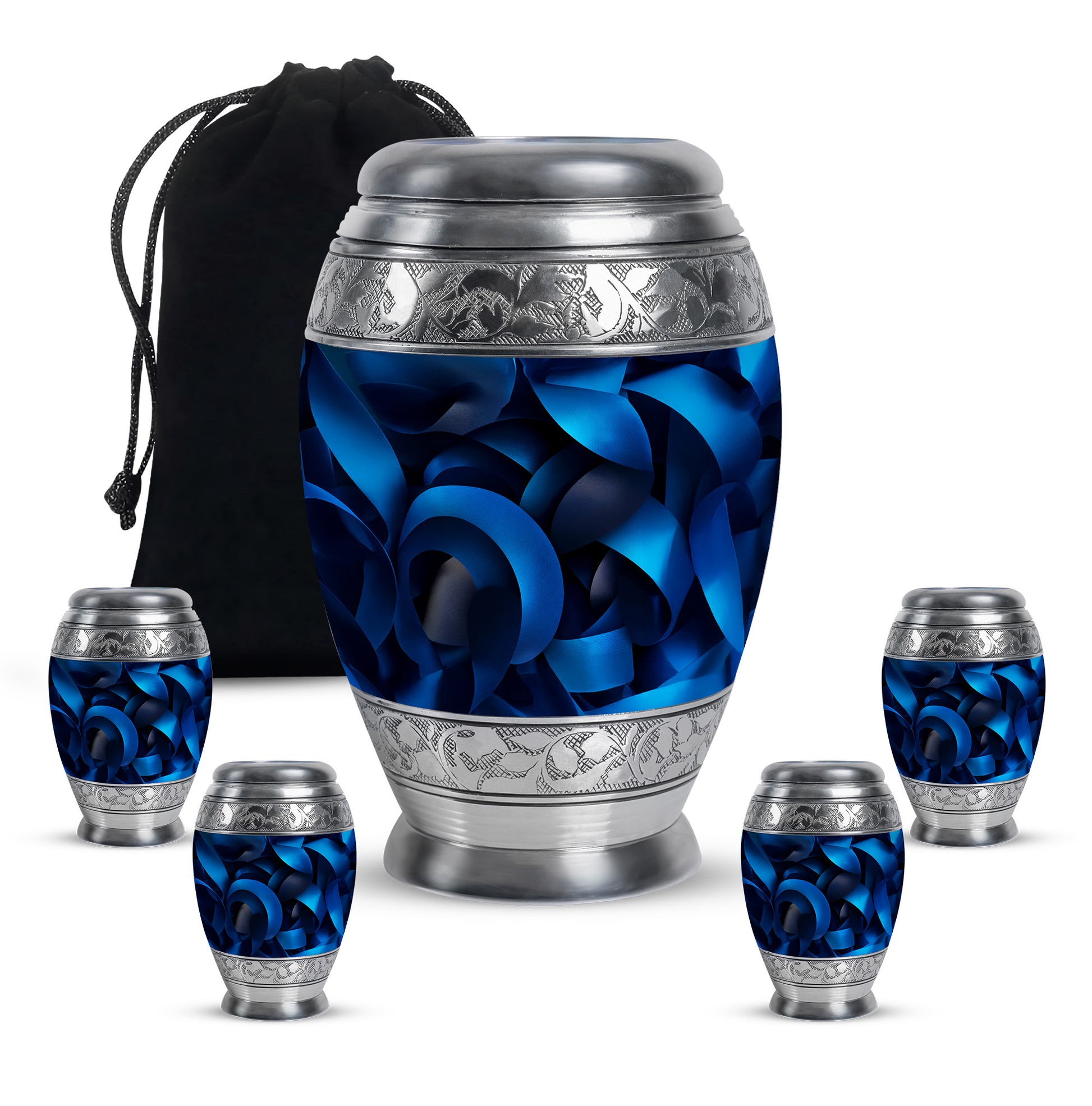 Onyx Black Blue Cremation Urn detail view - royal blue engraving with decorative scrollwork - memorial set with one large and four small urns