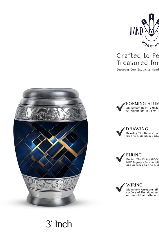 Cobalt Blue Blue Cremation Urn lifestyle display on memorial shelf - majestic blue pattern with filigree border - mini keepsake memorial for portion of cremation ashes