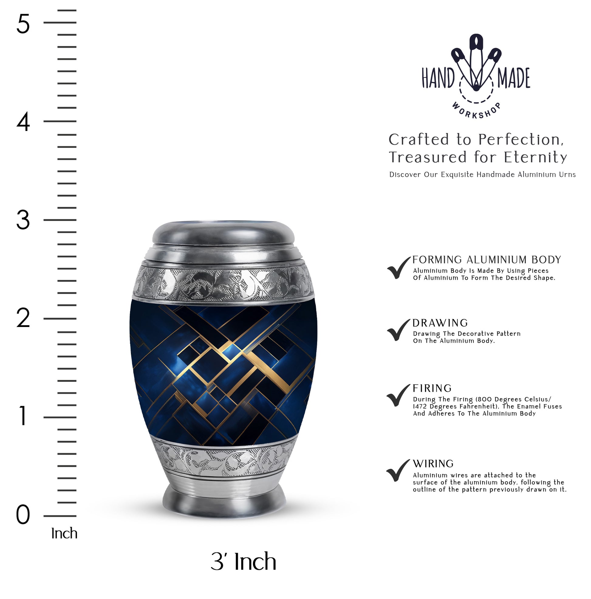 Cobalt Blue Blue Cremation Urn lifestyle display on memorial shelf - majestic blue pattern with filigree border - mini keepsake memorial for portion of cremation ashes