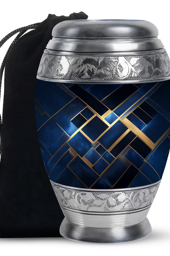 Bright Blue Blue Cremation Urn back view with polished surface - majestic blue pattern with filigree border - full-size 10 inch 200 cubic inch adult cremation urn