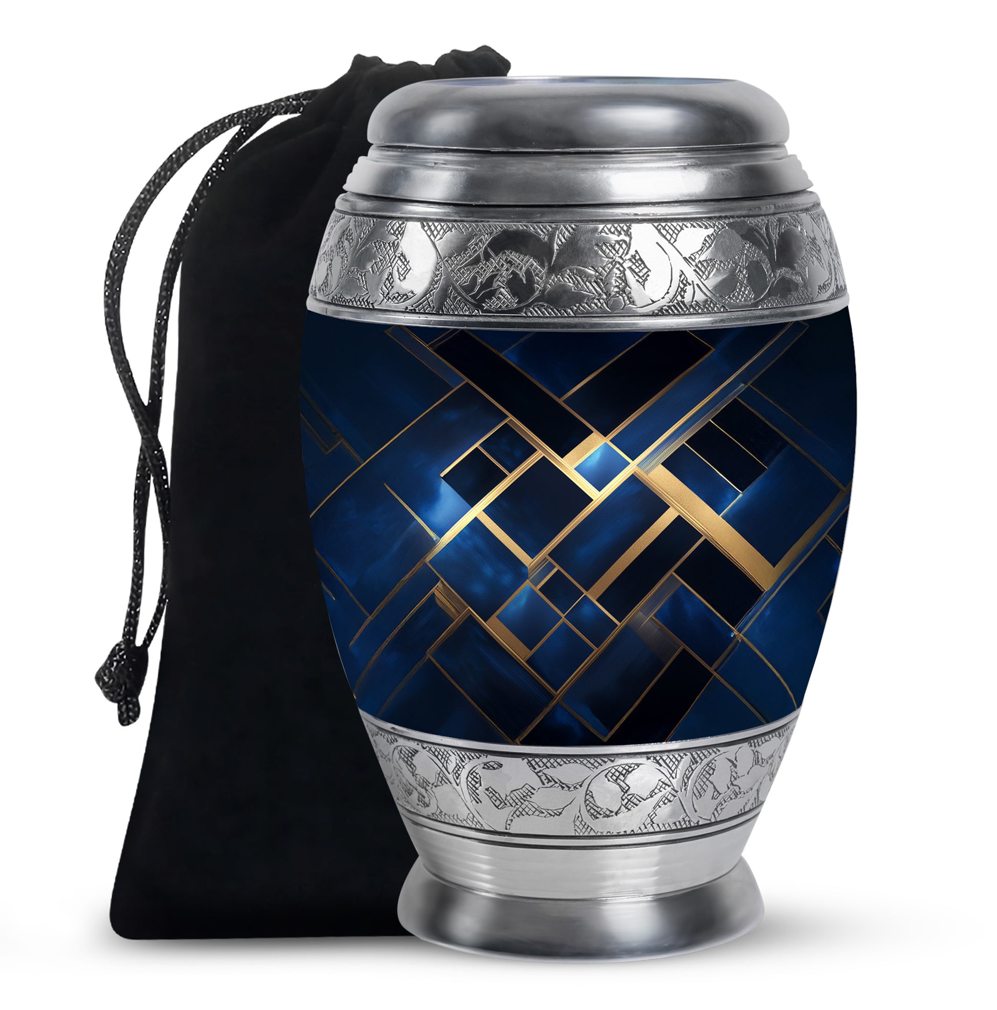 Bright Blue Blue Cremation Urn back view with polished surface - majestic blue pattern with filigree border - full-size 10 inch 200 cubic inch adult cremation urn