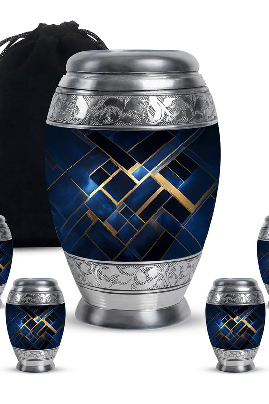 Royal Blue Blue Cremation Urn detail view - royal blue engraving with decorative scrollwork - memorial set with one large and four small urns
