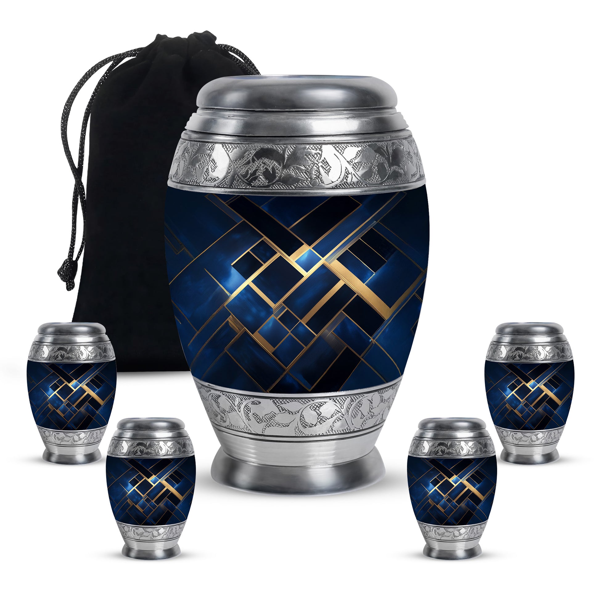Royal Blue Blue Cremation Urn detail view - royal blue engraving with decorative scrollwork - memorial set with one large and four small urns