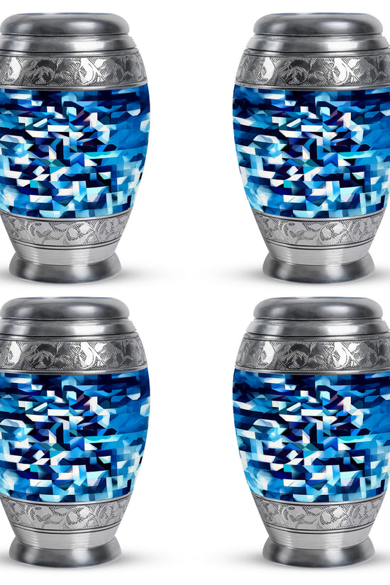 Steel Blue Blue Cremation Urn urn with complimentary velvet bag - majestic blue pattern with filigree border - 10 inch aluminum urn for cremated remains