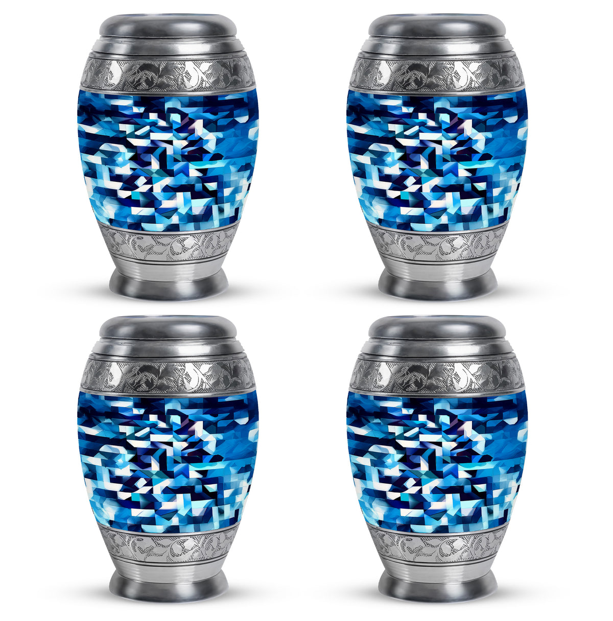 Steel Blue Blue Cremation Urn urn with complimentary velvet bag - majestic blue pattern with filigree border - 10 inch aluminum urn for cremated remains