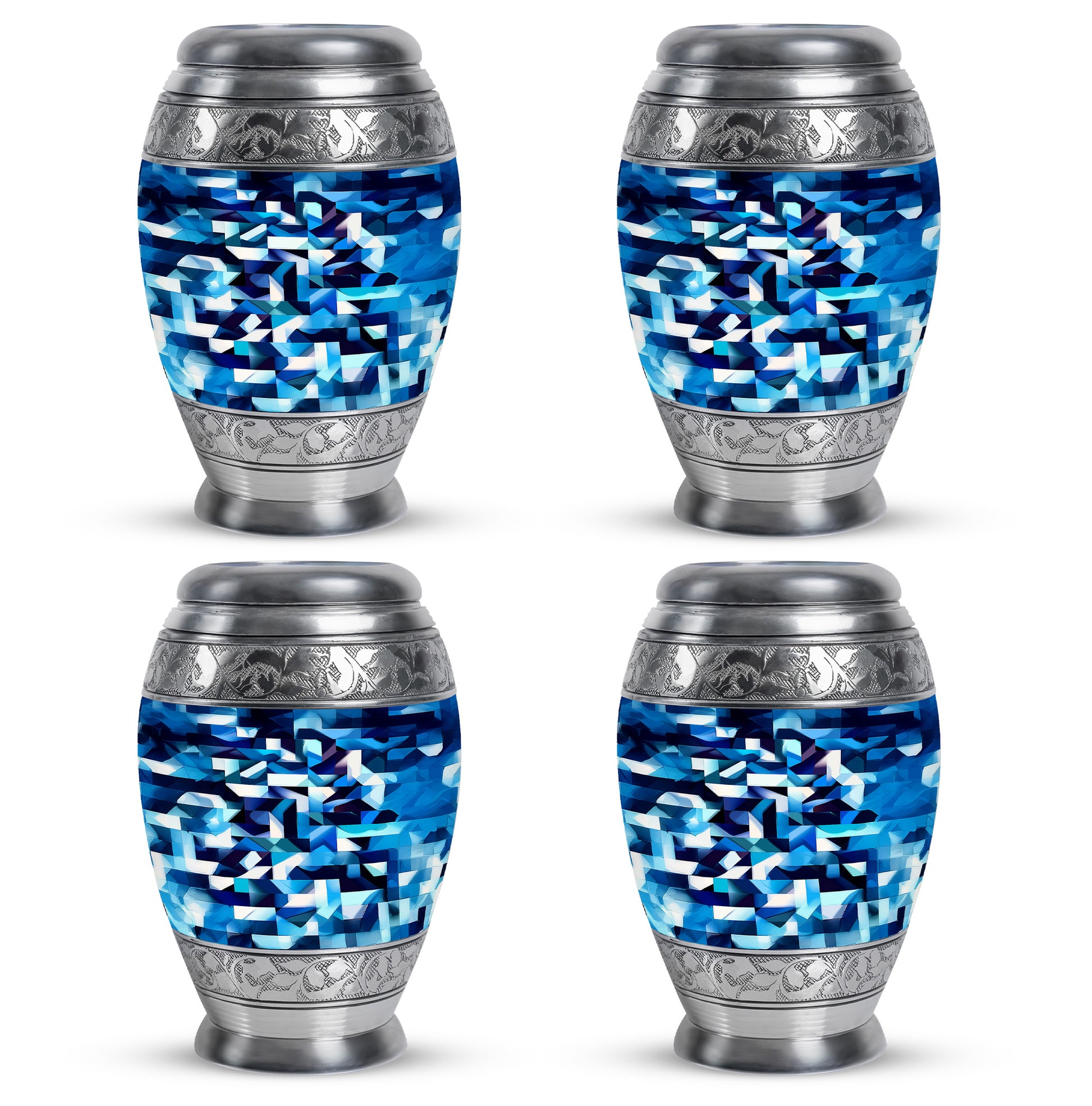 Steel Blue Blue Cremation Urn urn with complimentary velvet bag - majestic blue pattern with filigree border - 10 inch aluminum urn for cremated remains
