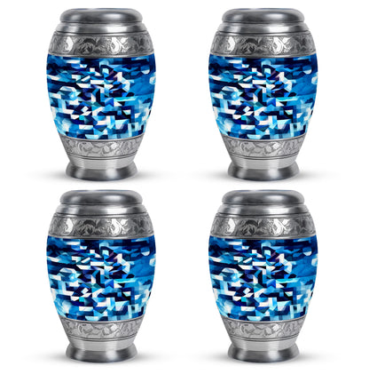 Steel Blue Blue Cremation Urn urn with complimentary velvet bag - majestic blue pattern with filigree border - 10 inch aluminum urn for cremated remains