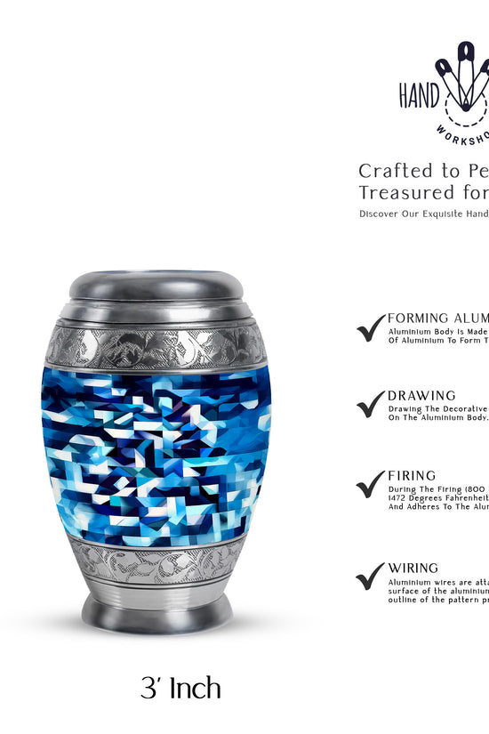 Cobalt Blue Blue Cremation Urn lifestyle display on memorial shelf - majestic blue pattern with filigree border - mini keepsake memorial for portion of cremation ashes