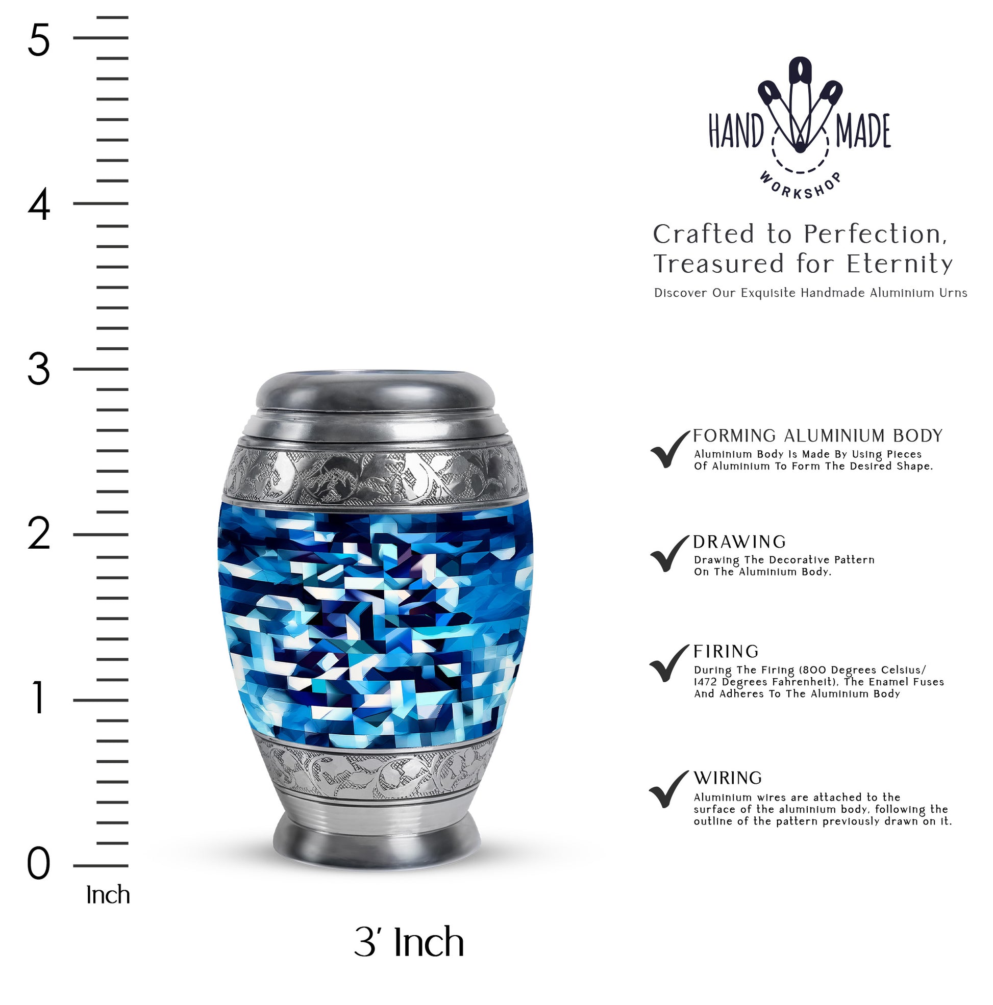 Cobalt Blue Blue Cremation Urn lifestyle display on memorial shelf - majestic blue pattern with filigree border - mini keepsake memorial for portion of cremation ashes