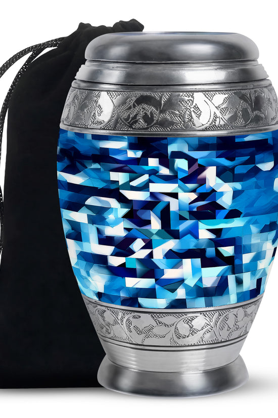 Vivid Blue Blue Cremation Urn back view with polished surface - majestic blue pattern with filigree border - full-size 10 inch 200 cubic inch adult cremation urn