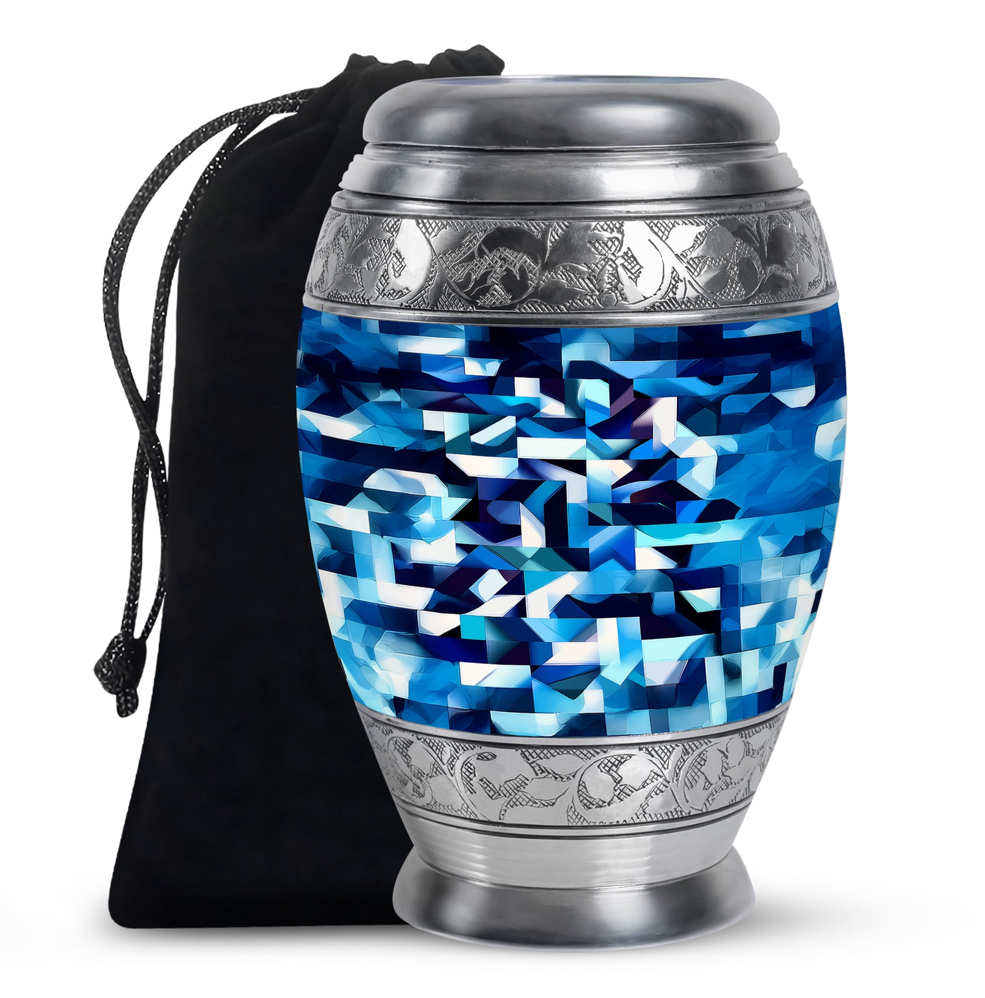 Vivid Blue Blue Cremation Urn back view with polished surface - majestic blue pattern with filigree border - full-size 10 inch 200 cubic inch adult cremation urn