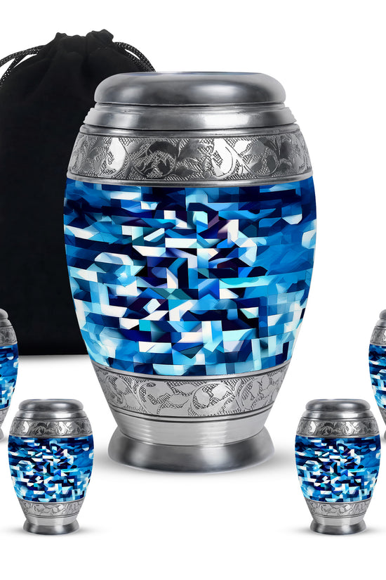 Bright Blue Blue Cremation Urn detail view - majestic blue pattern with filigree border - memorial set with one large and four small urns