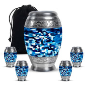 Bright Blue Blue Cremation Urn detail view - majestic blue pattern with filigree border - memorial set with one large and four small urns