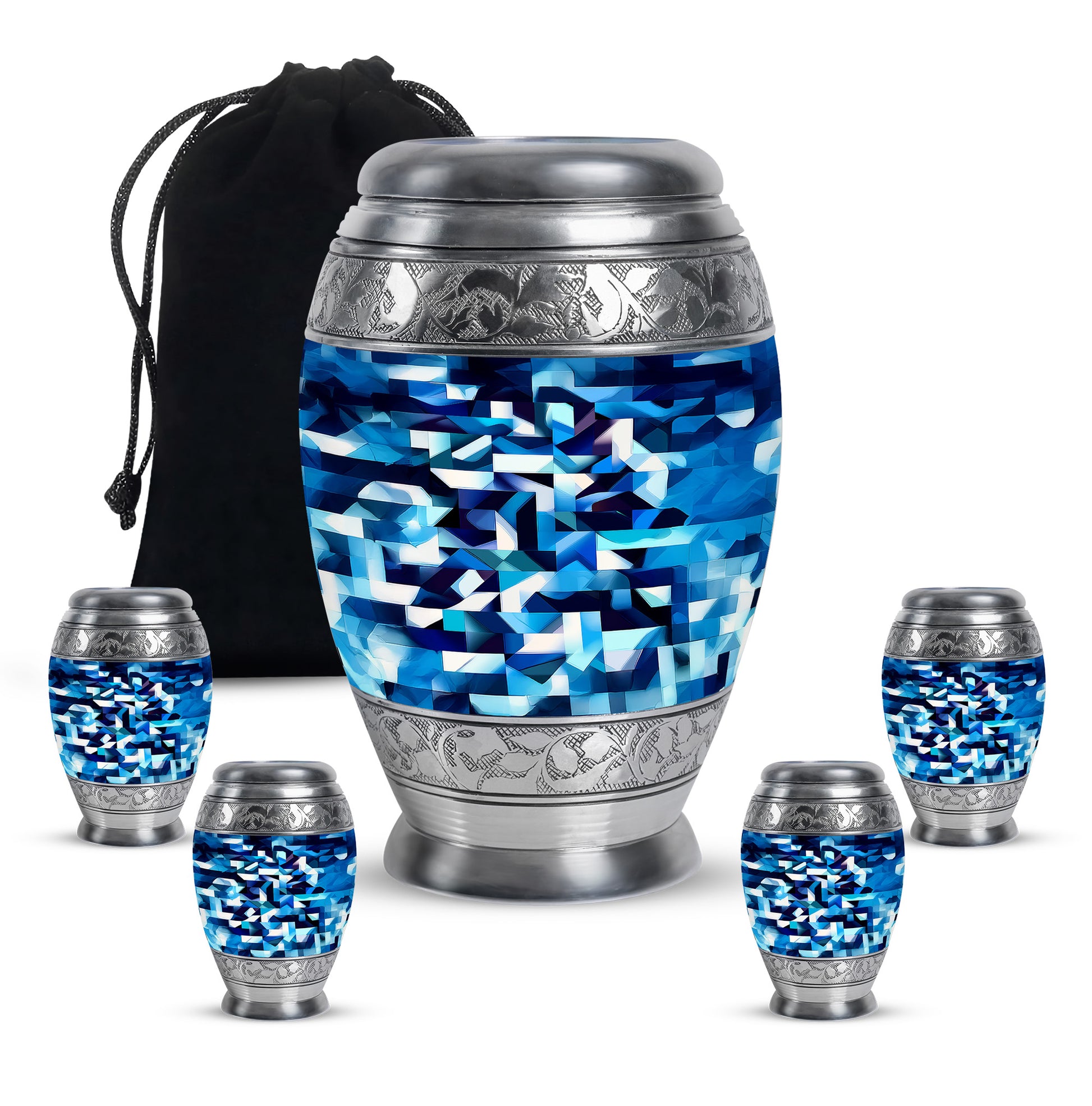 Bright Blue Blue Cremation Urn detail view - majestic blue pattern with filigree border - memorial set with one large and four small urns