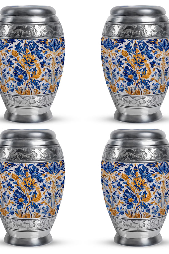 Dove Gray Blue Cremation Urn urn with complimentary velvet bag - ornate monarch-style blue relief on brushed aluminum - 10 inch aluminum urn for cremated remains