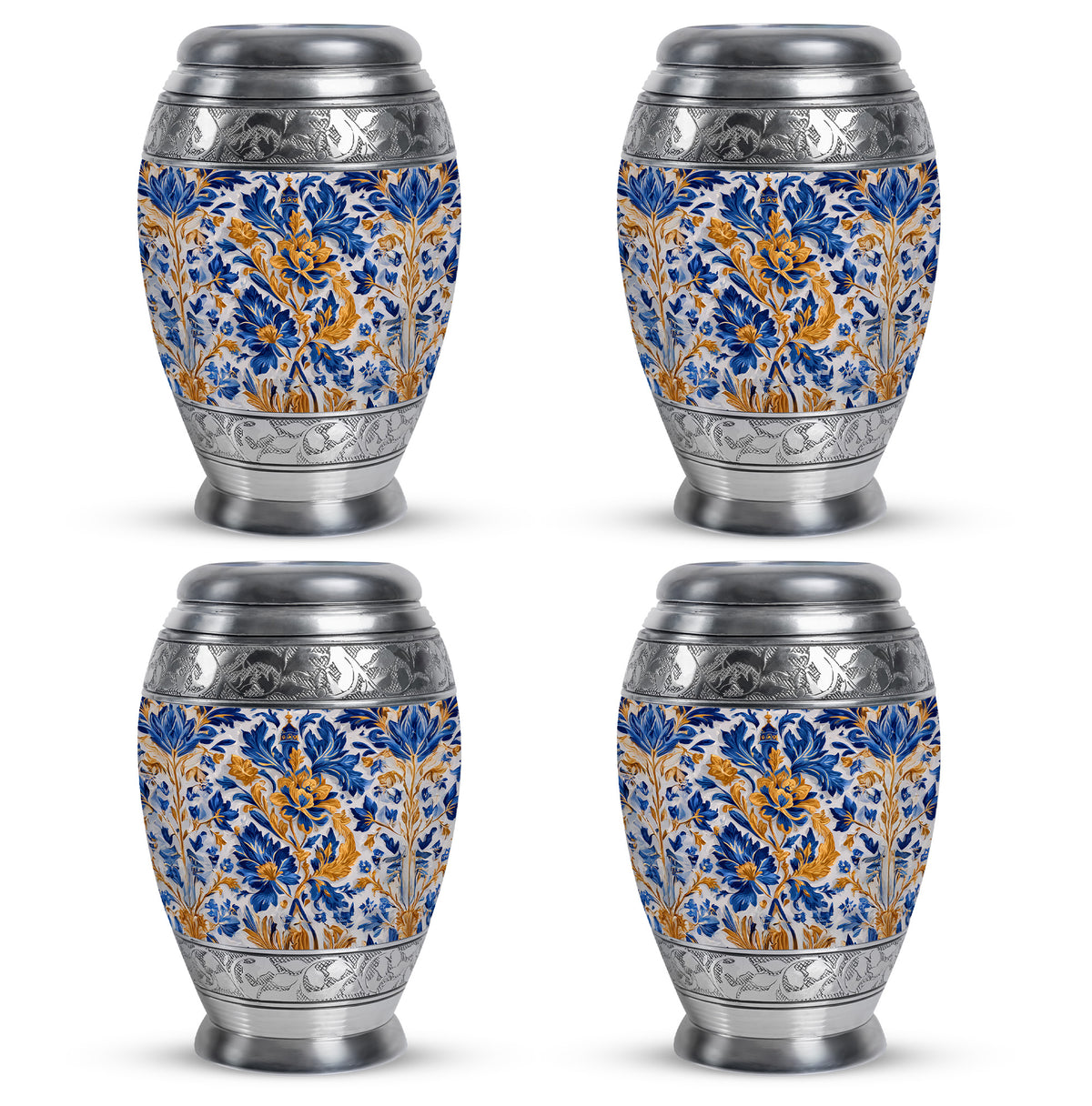 Dove Gray Blue Cremation Urn urn with complimentary velvet bag - ornate monarch-style blue relief on brushed aluminum - 10 inch aluminum urn for cremated remains