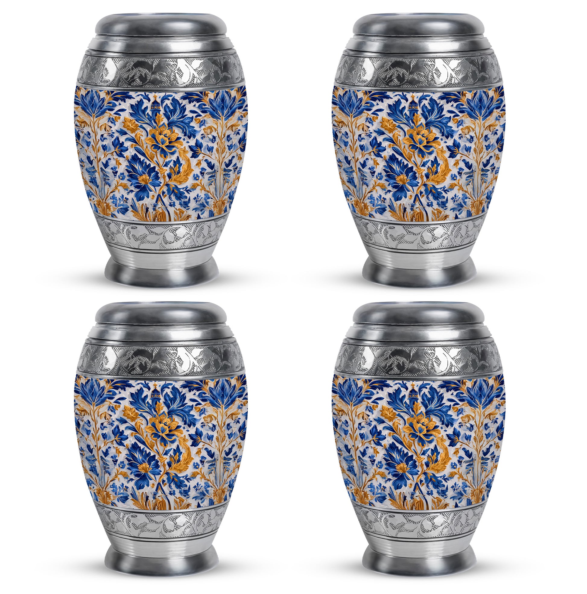 Dove Gray Blue Cremation Urn urn with complimentary velvet bag - ornate monarch-style blue relief on brushed aluminum - 10 inch aluminum urn for cremated remains