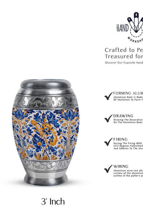 Mist Gray Blue Cremation Urn lifestyle display on memorial shelf - regal blue design with crown-inspired accents - mini keepsake memorial for portion of cremation ashes