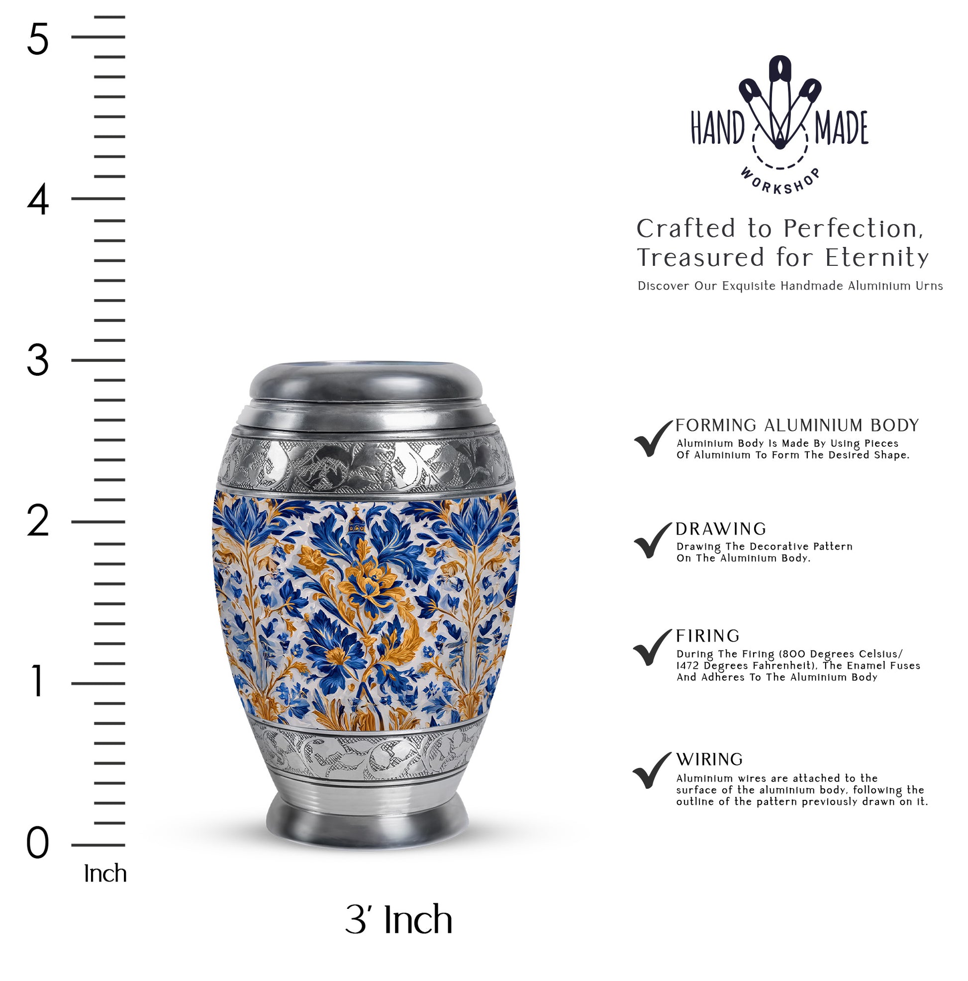 Mist Gray Blue Cremation Urn lifestyle display on memorial shelf - regal blue design with crown-inspired accents - mini keepsake memorial for portion of cremation ashes