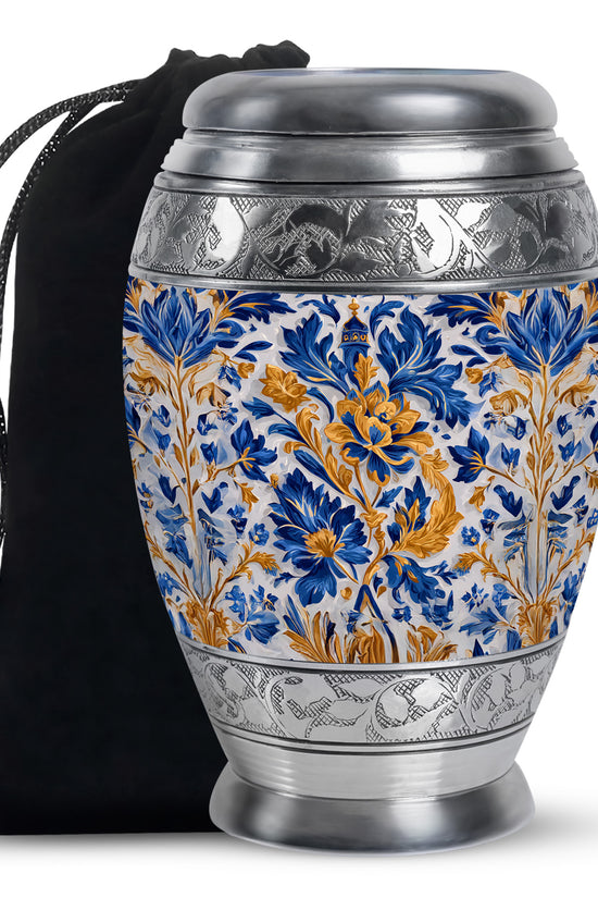 Mist Gray Blue Cremation Urn back view with polished surface - ornate monarch-style blue relief on brushed aluminum - full-size 10 inch 200 cubic inch adult cremation urn
