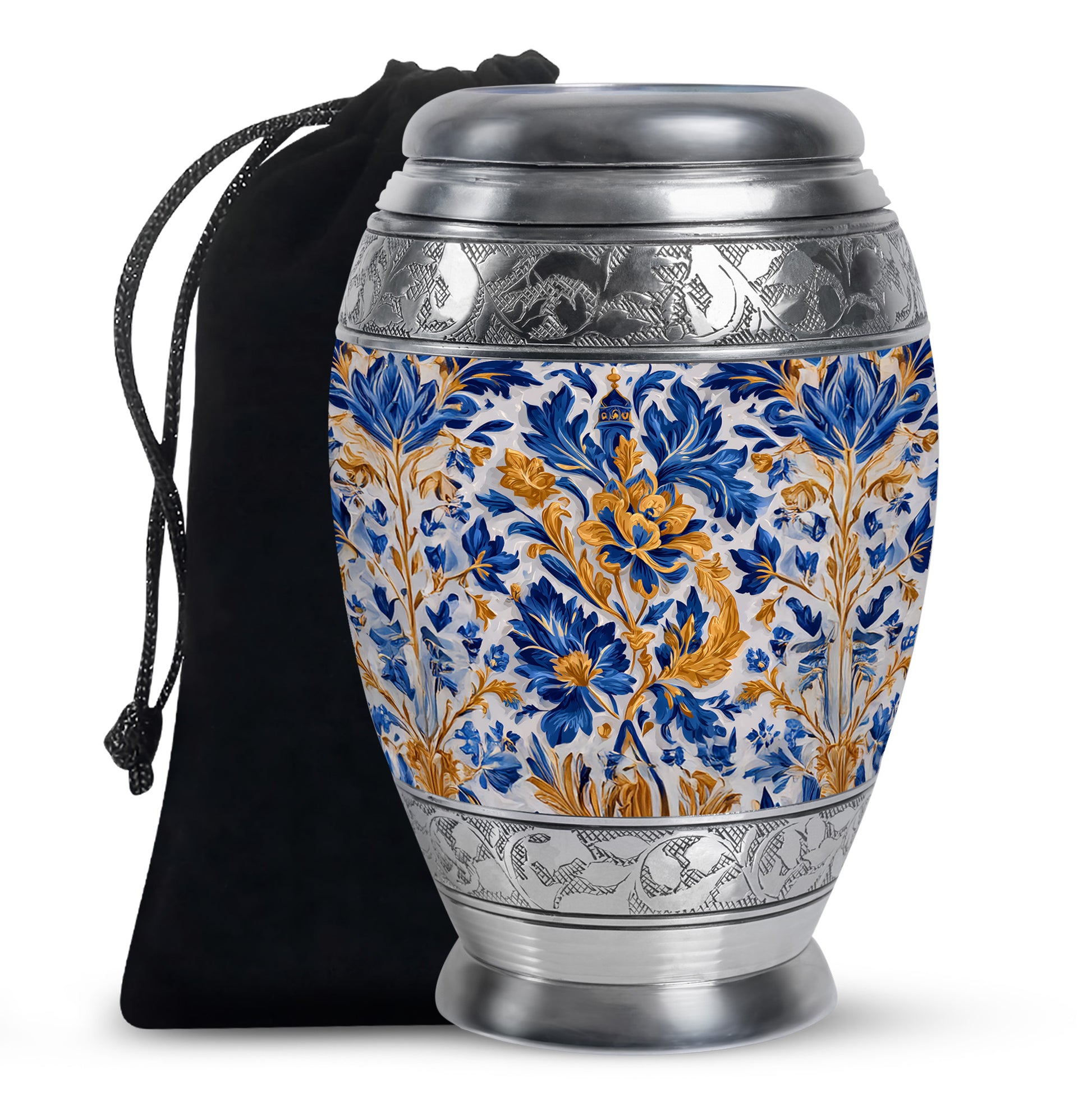 Mist Gray Blue Cremation Urn back view with polished surface - ornate monarch-style blue relief on brushed aluminum - full-size 10 inch 200 cubic inch adult cremation urn