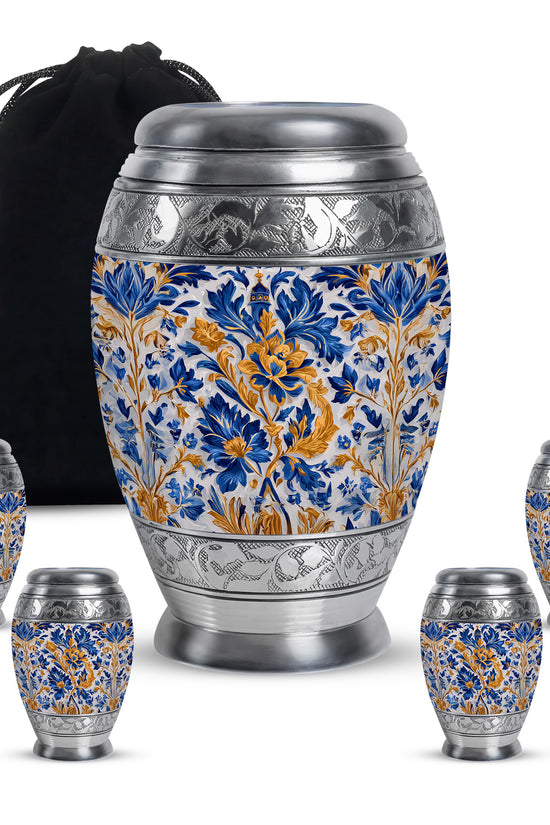 Smoke Gray Blue Cremation Urn detail view - royal blue engraving with decorative scrollwork - memorial set with one large and four small urns