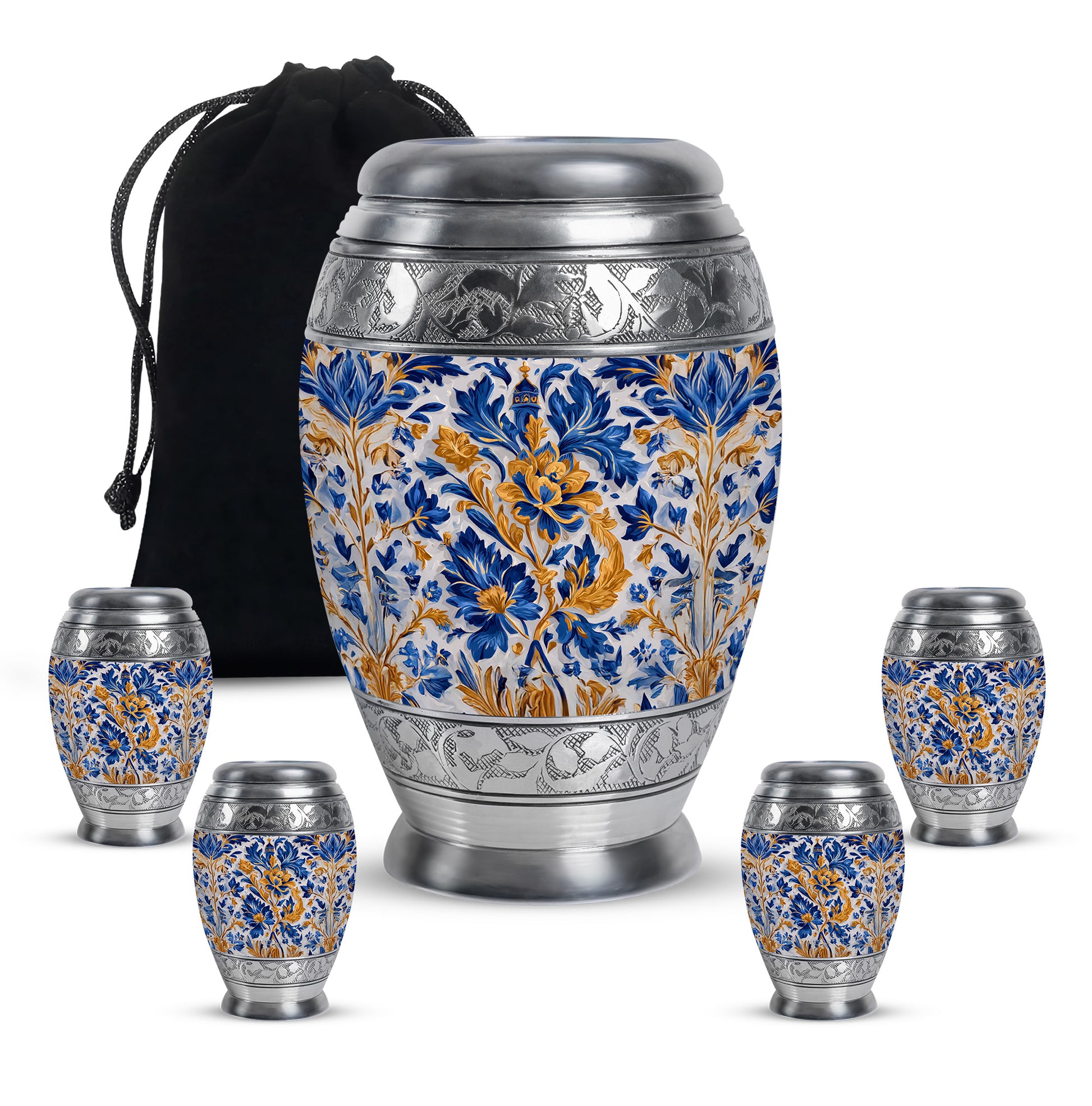 Smoke Gray Blue Cremation Urn detail view - royal blue engraving with decorative scrollwork - memorial set with one large and four small urns