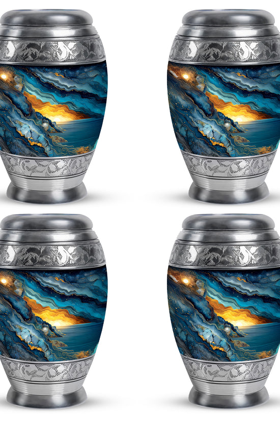 Soft Blue Blue Cremation Urn urn with complimentary velvet bag - majestic blue pattern with filigree border - 10 inch aluminum urn for cremated remains