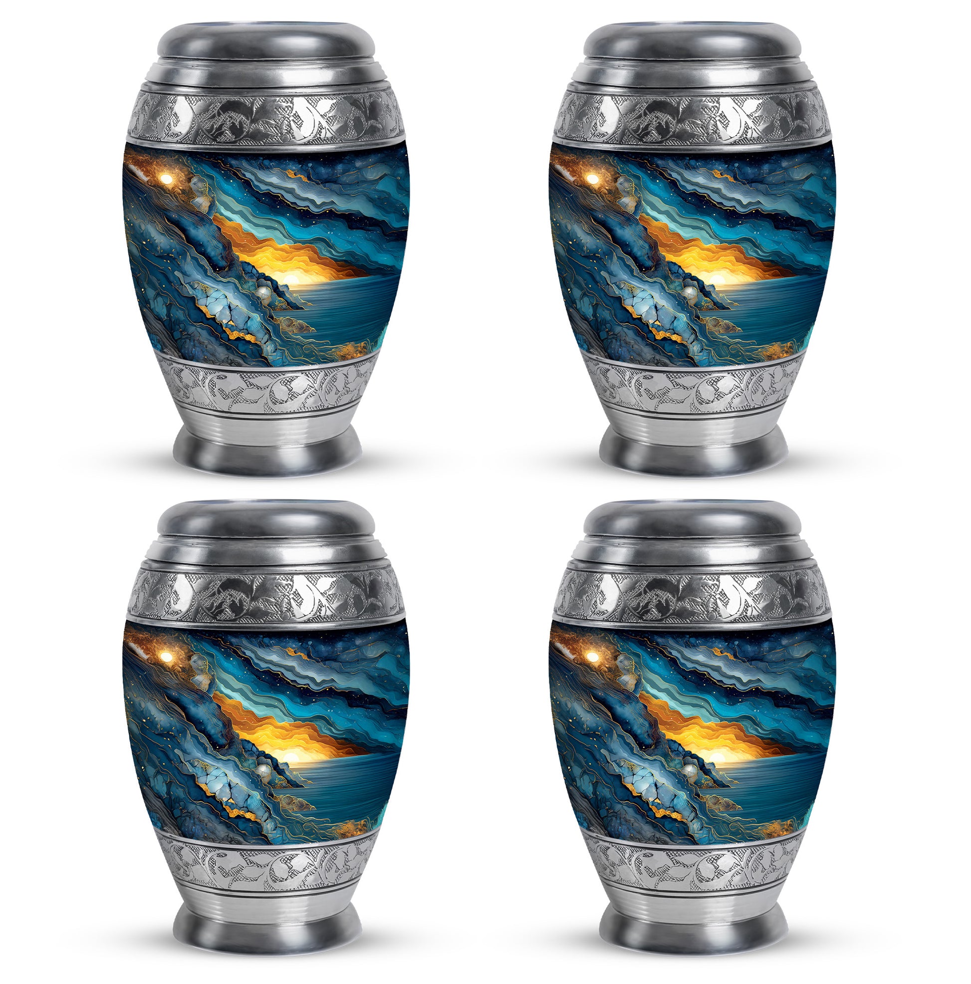Soft Blue Blue Cremation Urn urn with complimentary velvet bag - majestic blue pattern with filigree border - 10 inch aluminum urn for cremated remains