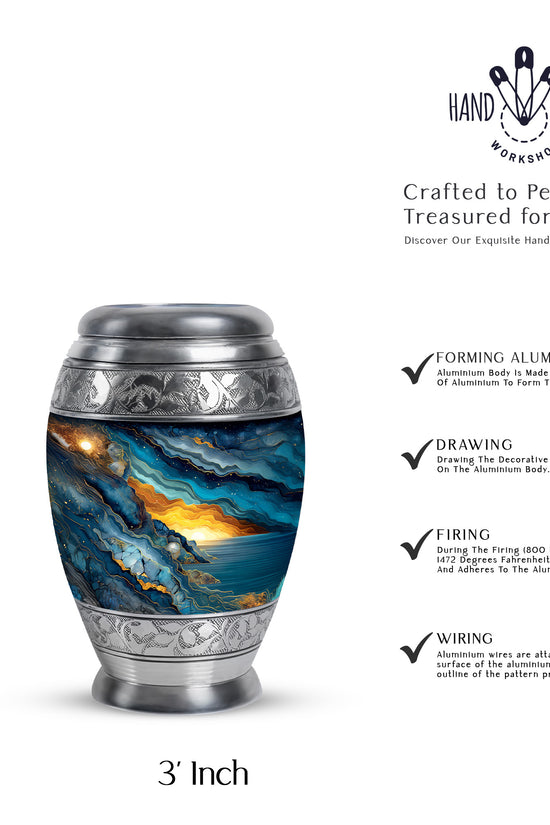 Cornflower Blue Blue Cremation Urn lifestyle display on memorial shelf - royal blue engraving with decorative scrollwork - mini keepsake memorial for portion of cremation ashes