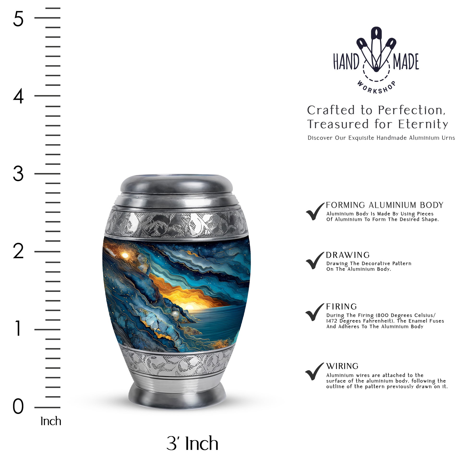 Cornflower Blue Blue Cremation Urn lifestyle display on memorial shelf - royal blue engraving with decorative scrollwork - mini keepsake memorial for portion of cremation ashes