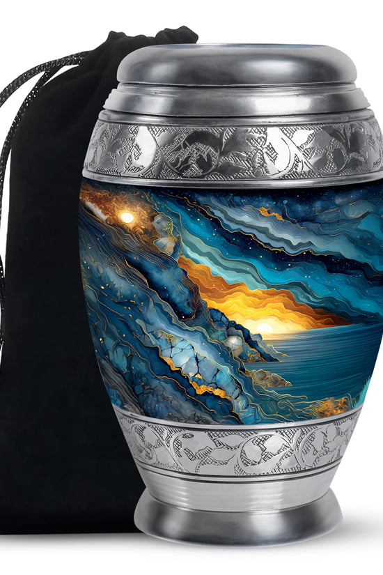 Royal Blue Blue Cremation Urn back view with polished surface - majestic blue pattern with filigree border - full-size 10 inch 200 cubic inch adult cremation urn