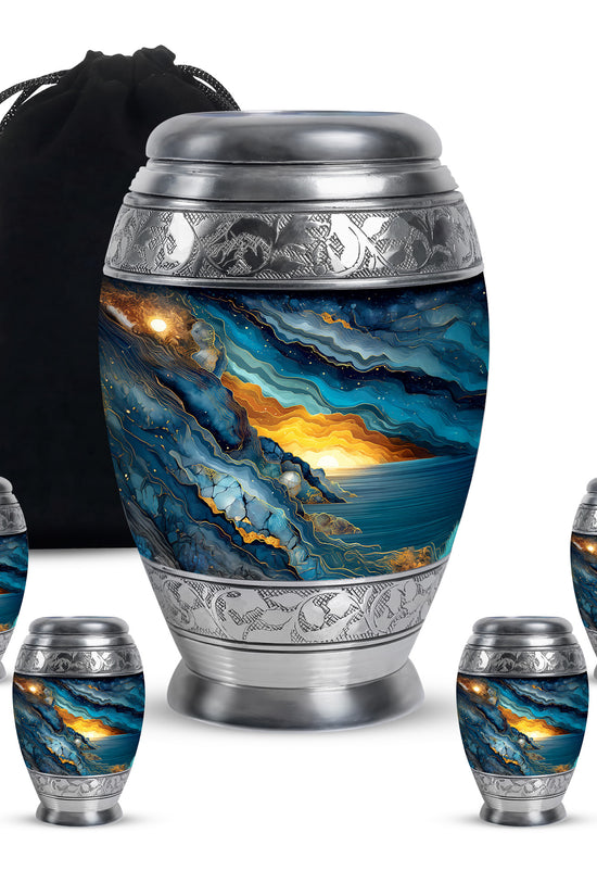 Steel Blue Blue Cremation Urn detail view - majestic blue pattern with filigree border - memorial set with one large and four small urns