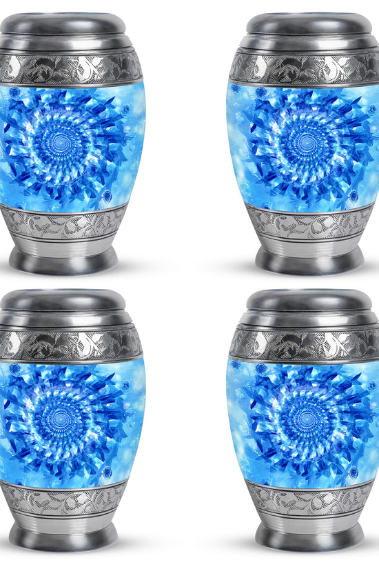 Royal Blue Blue Cremation Urn urn with complimentary velvet bag - majestic blue pattern with filigree border - 10 inch aluminum urn for cremated remains