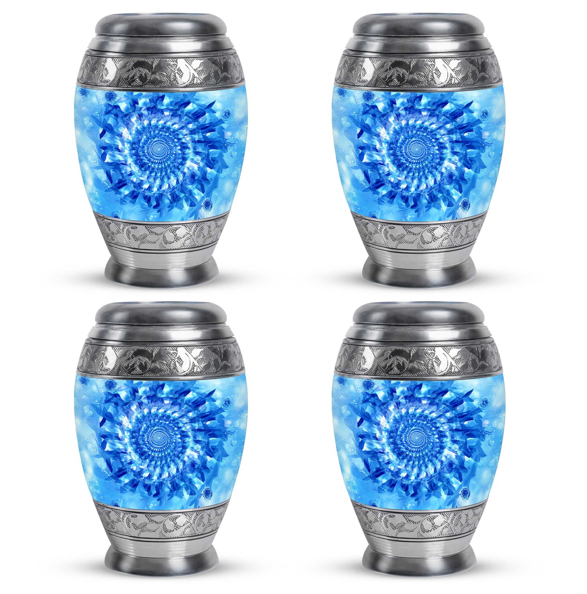 Royal Blue Blue Cremation Urn urn with complimentary velvet bag - majestic blue pattern with filigree border - 10 inch aluminum urn for cremated remains