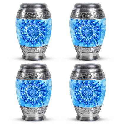 Royal Blue Blue Cremation Urn urn with complimentary velvet bag - majestic blue pattern with filigree border - 10 inch aluminum urn for cremated remains