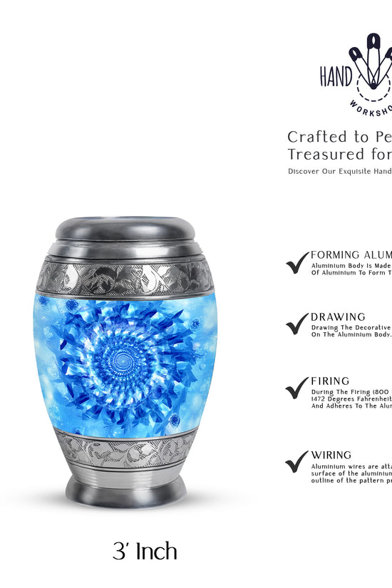 Cornflower Blue Blue Cremation Urn lifestyle display on memorial shelf - majestic blue pattern with filigree border - mini keepsake memorial for portion of cremation ashes