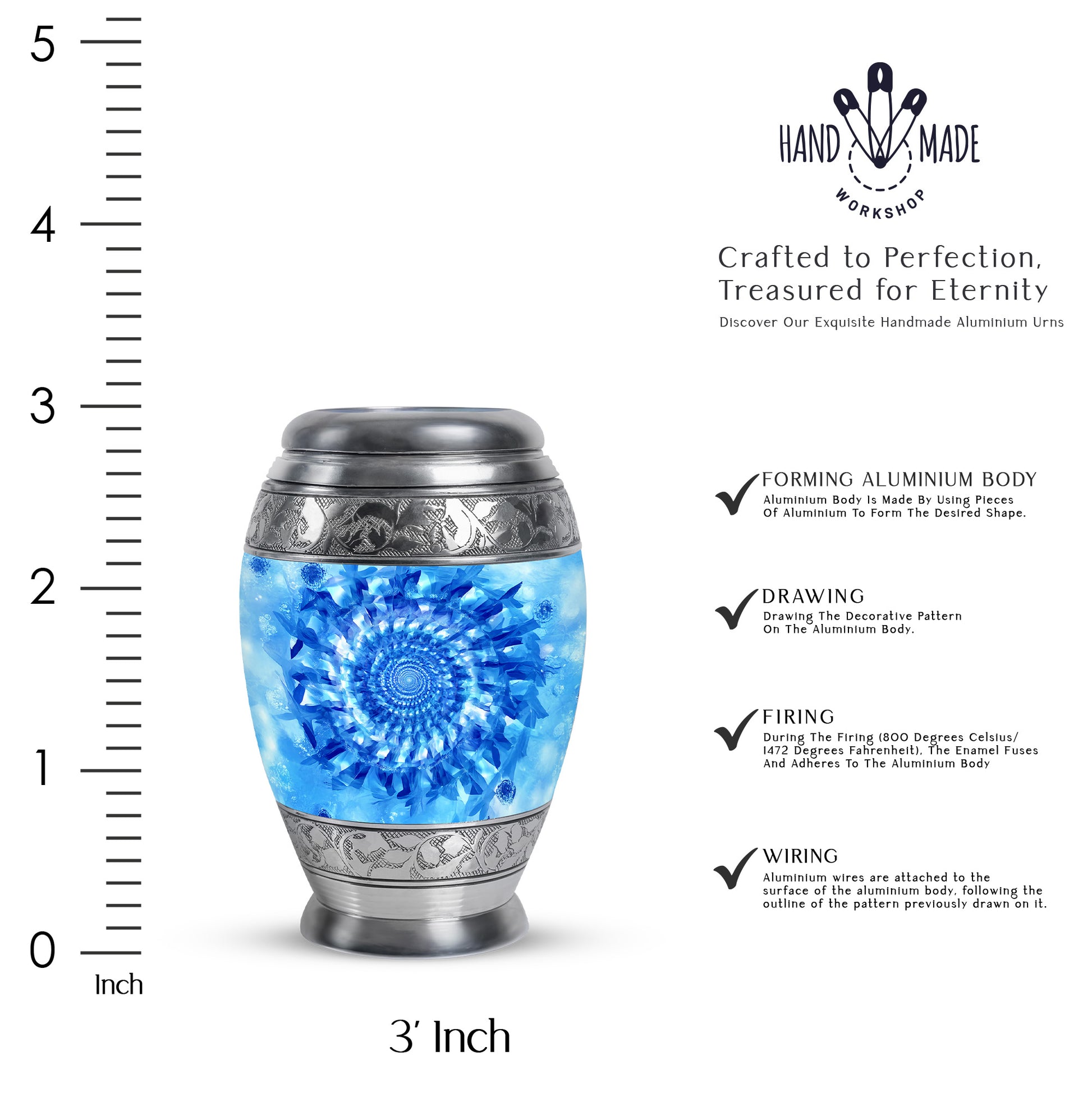 Cornflower Blue Blue Cremation Urn lifestyle display on memorial shelf - majestic blue pattern with filigree border - mini keepsake memorial for portion of cremation ashes