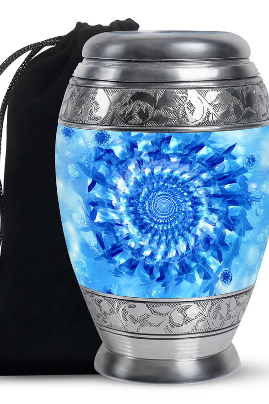 Royal Blue Blue Cremation Urn back view with polished surface - royal blue engraving with decorative scrollwork - full-size 10 inch 200 cubic inch adult cremation urn