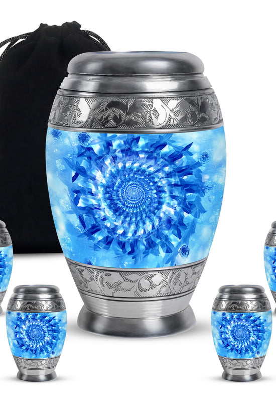 Azure Blue Cremation Urn detail view - regal blue design with crown-inspired accents - memorial set with one large and four small urns
