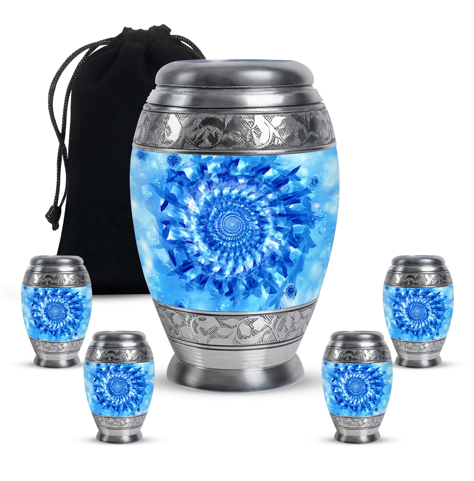 Azure Blue Cremation Urn detail view - regal blue design with crown-inspired accents - memorial set with one large and four small urns