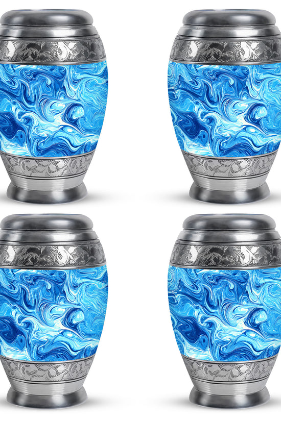 Sapphire Blue Blue Cremation Urn urn with complimentary velvet bag - majestic blue pattern with filigree border - 10 inch aluminum urn for cremated remains