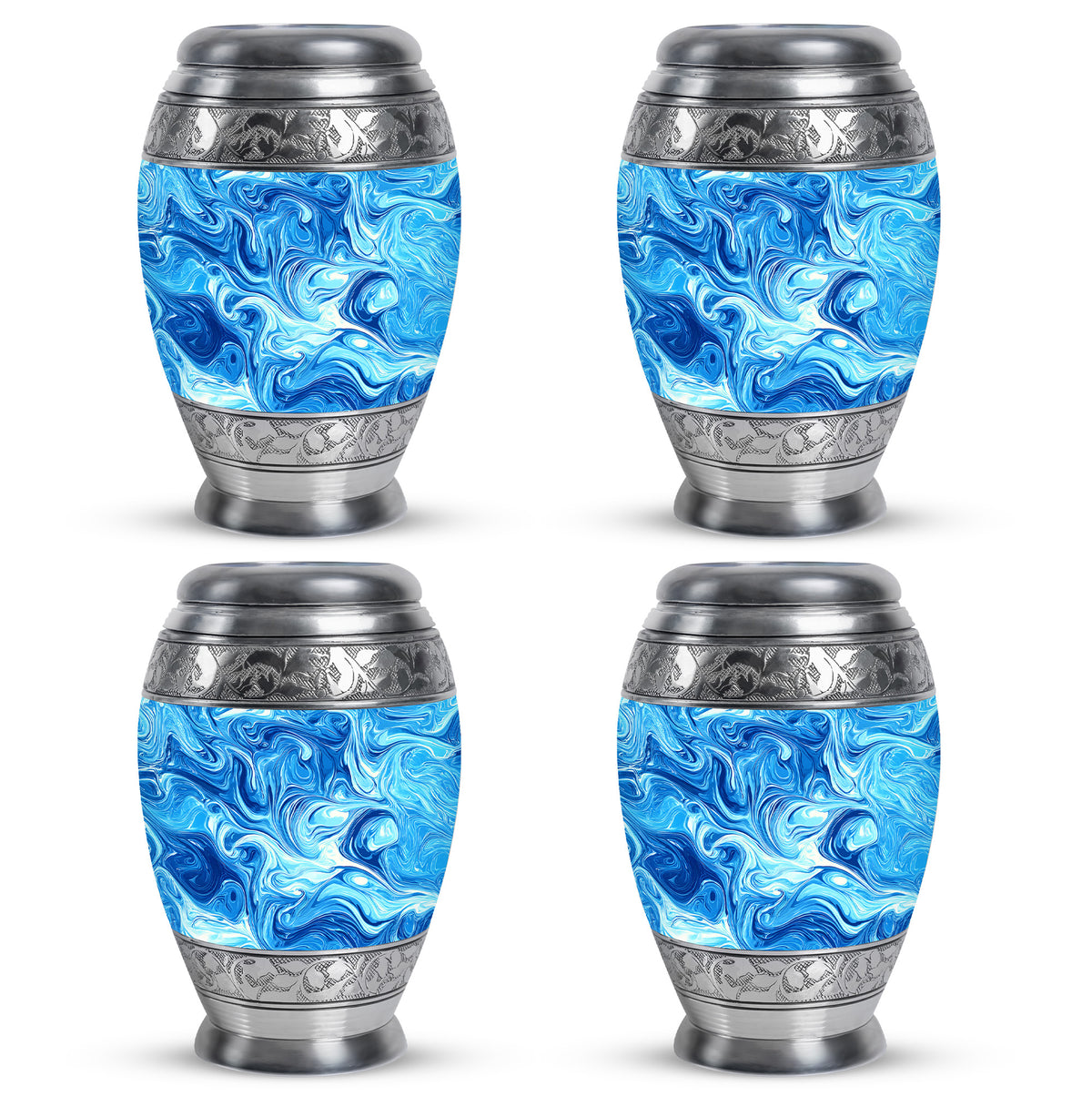Sapphire Blue Blue Cremation Urn urn with complimentary velvet bag - majestic blue pattern with filigree border - 10 inch aluminum urn for cremated remains