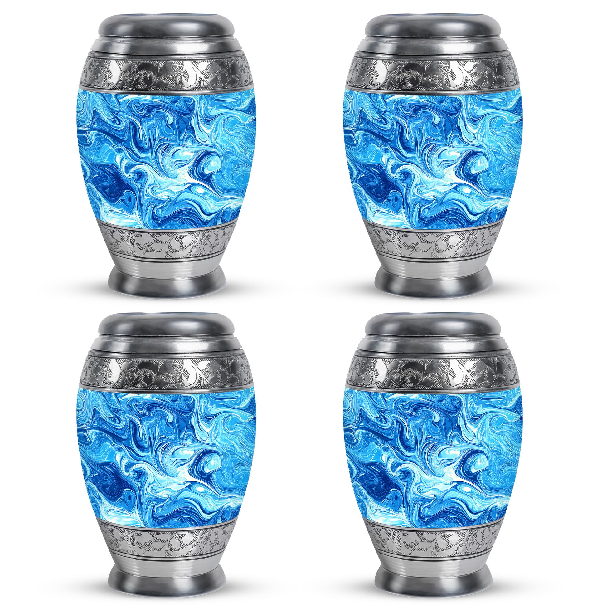 Sapphire Blue Blue Cremation Urn urn with complimentary velvet bag - majestic blue pattern with filigree border - 10 inch aluminum urn for cremated remains