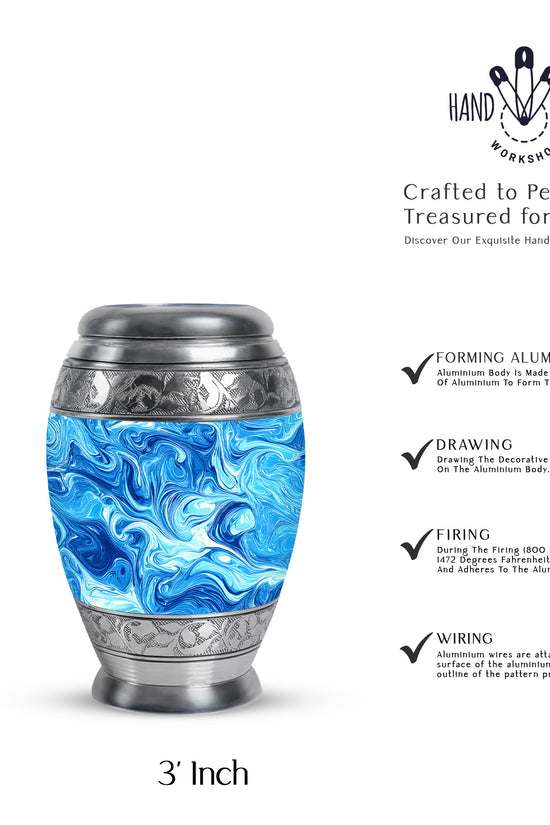 Sapphire Blue Blue Cremation Urn lifestyle display on memorial shelf - majestic blue pattern with filigree border - mini keepsake memorial for portion of cremation ashes
