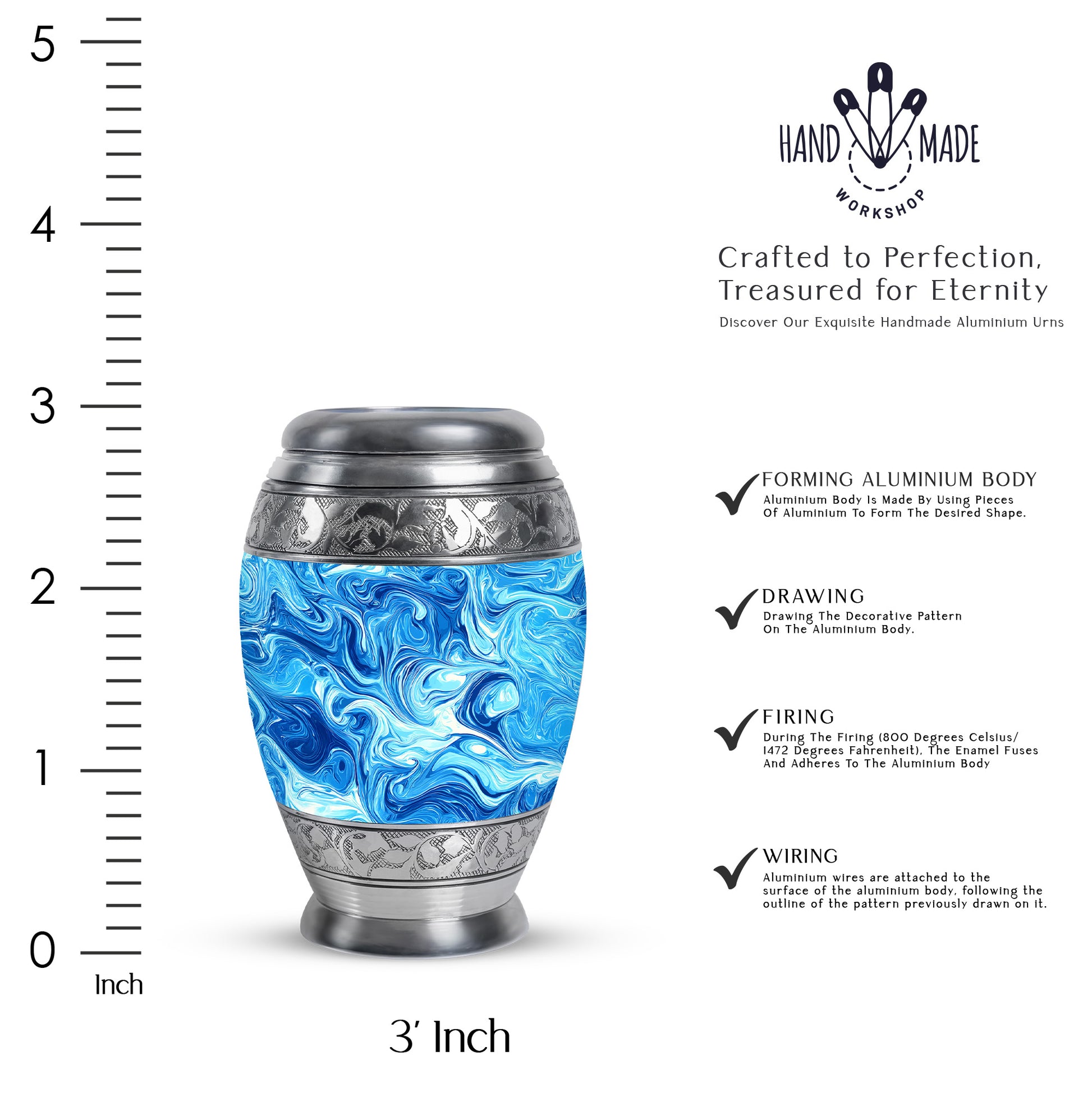 Sapphire Blue Blue Cremation Urn lifestyle display on memorial shelf - majestic blue pattern with filigree border - mini keepsake memorial for portion of cremation ashes