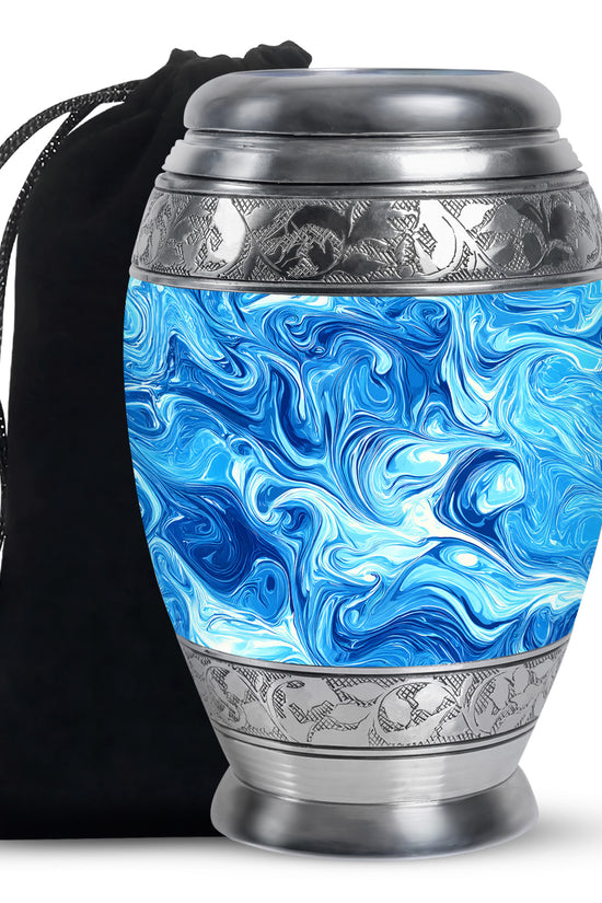 Pastel Blue Blue Cremation Urn back view with polished surface - ornate monarch-style blue relief on brushed aluminum - full-size 10 inch 200 cubic inch adult cremation urn