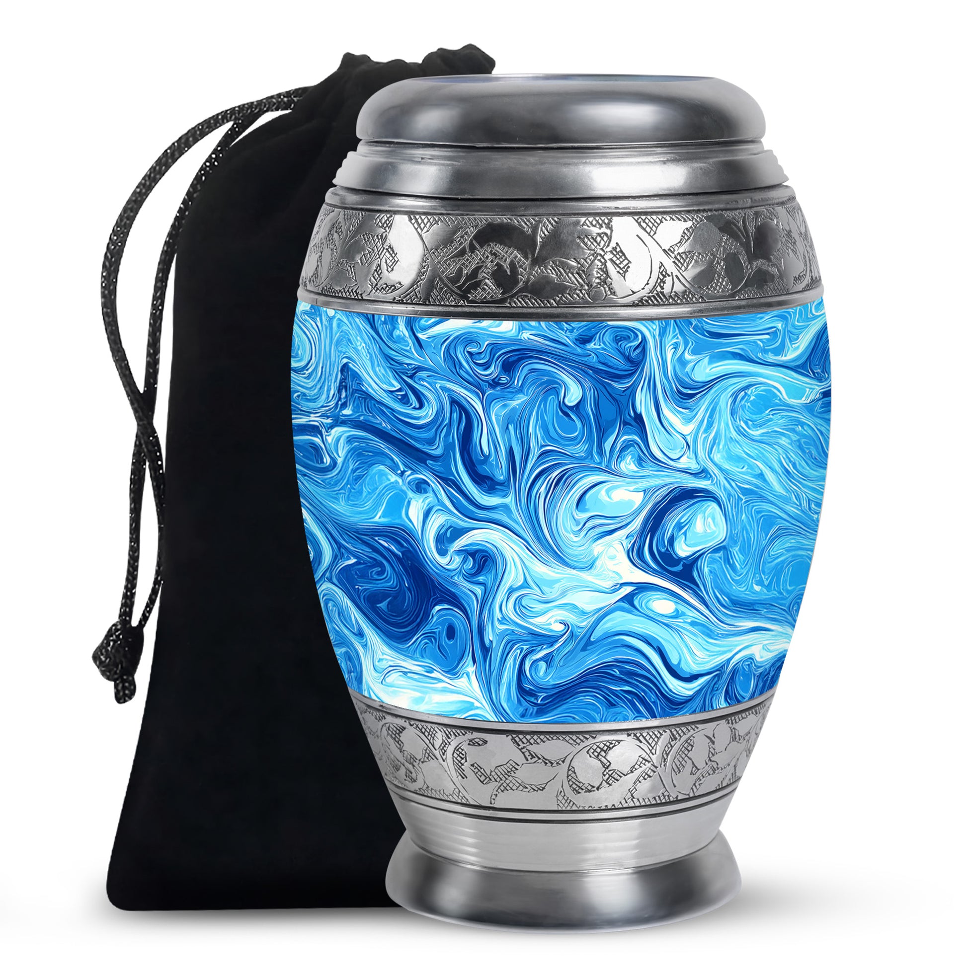 Pastel Blue Blue Cremation Urn back view with polished surface - ornate monarch-style blue relief on brushed aluminum - full-size 10 inch 200 cubic inch adult cremation urn