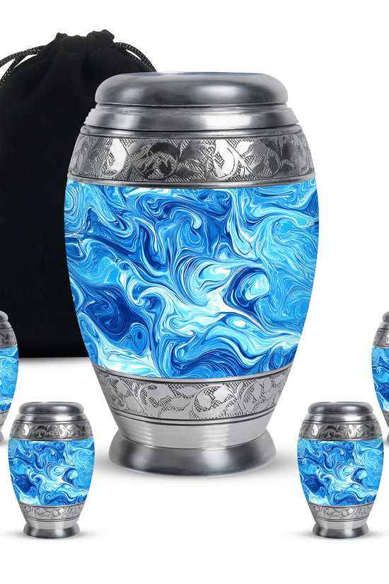 Misty Blue Blue Cremation Urn detail view - regal blue design with crown-inspired accents - memorial set with one large and four small urns