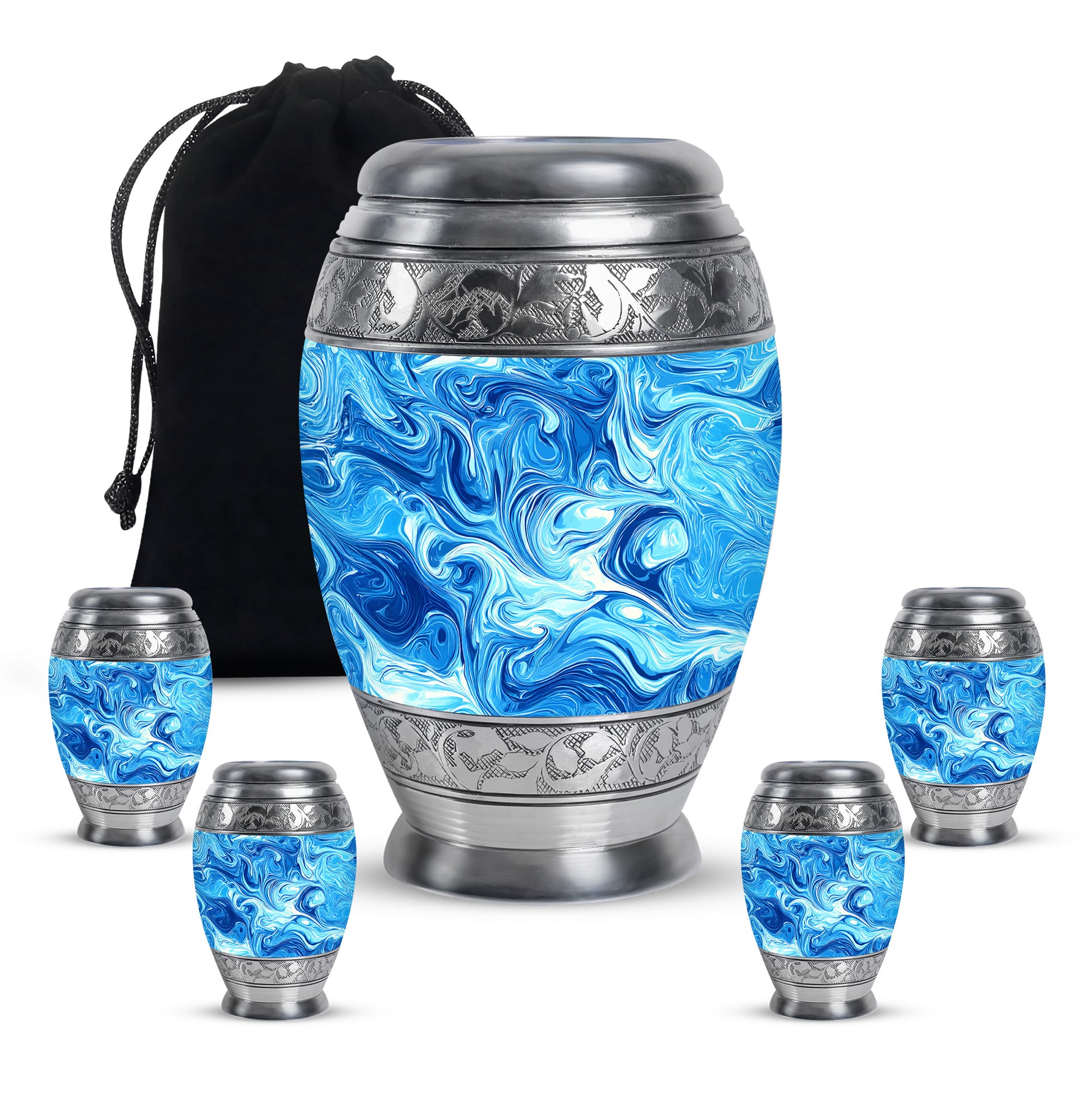 Misty Blue Blue Cremation Urn detail view - regal blue design with crown-inspired accents - memorial set with one large and four small urns